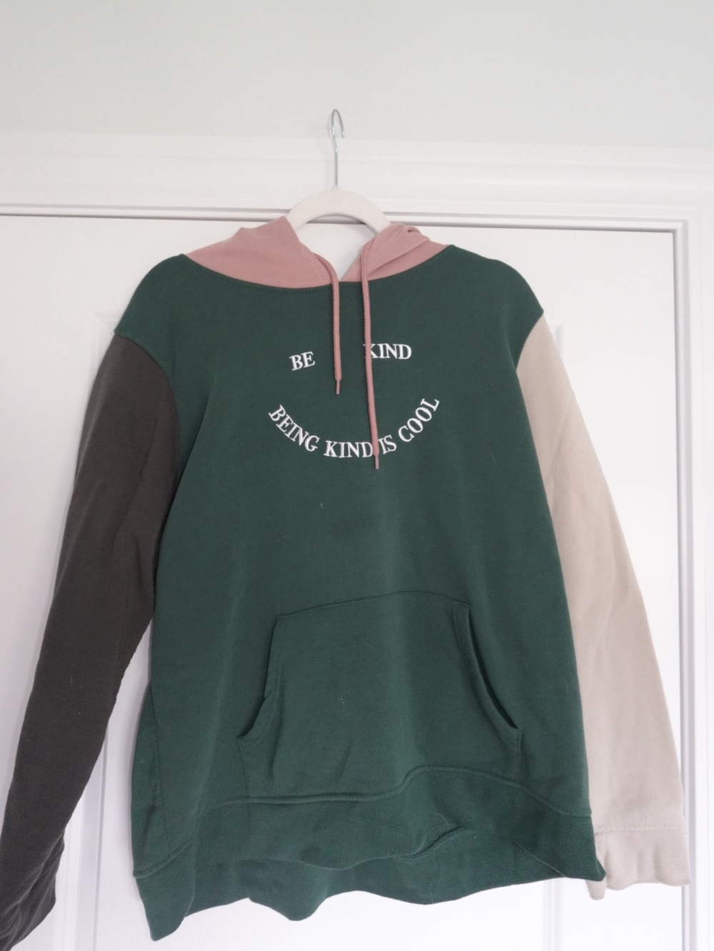Be Kind Colorblock Hoodie Sweatshirt - Green/Pink/Tan